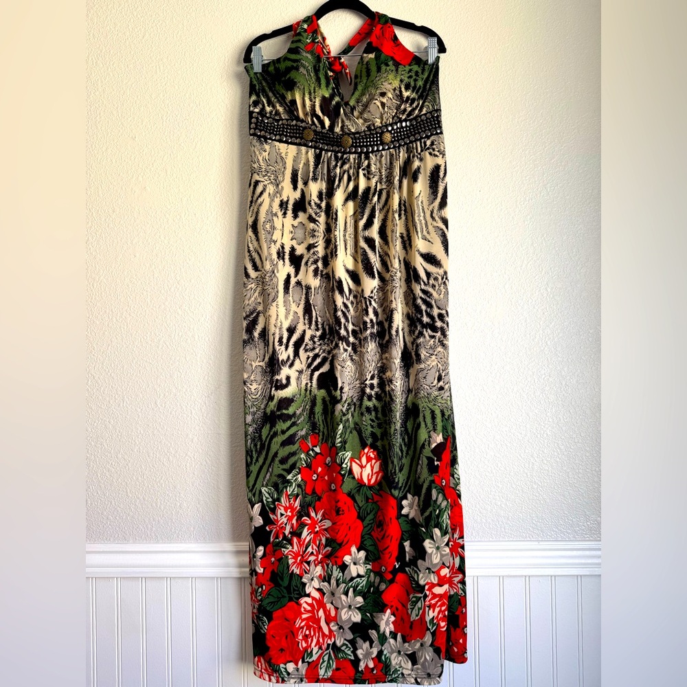 Magic 90s Y2K Maxi Dress Embellished Studded Sleeveless Halter Floral Boho 1X